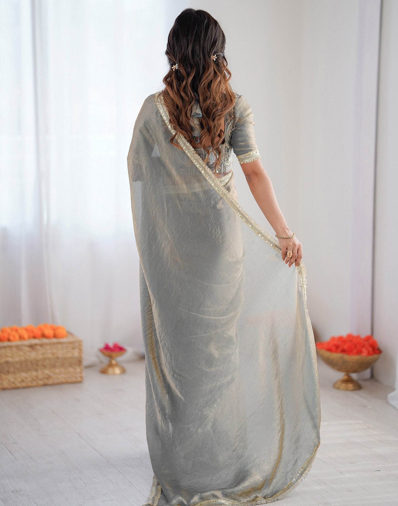 Ready To Wear Grey Shimmer Gota Lace Saree