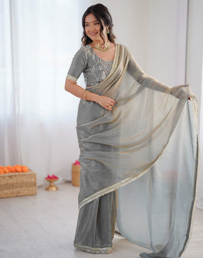 Ready To Wear Grey Shimmer Gota Lace Saree