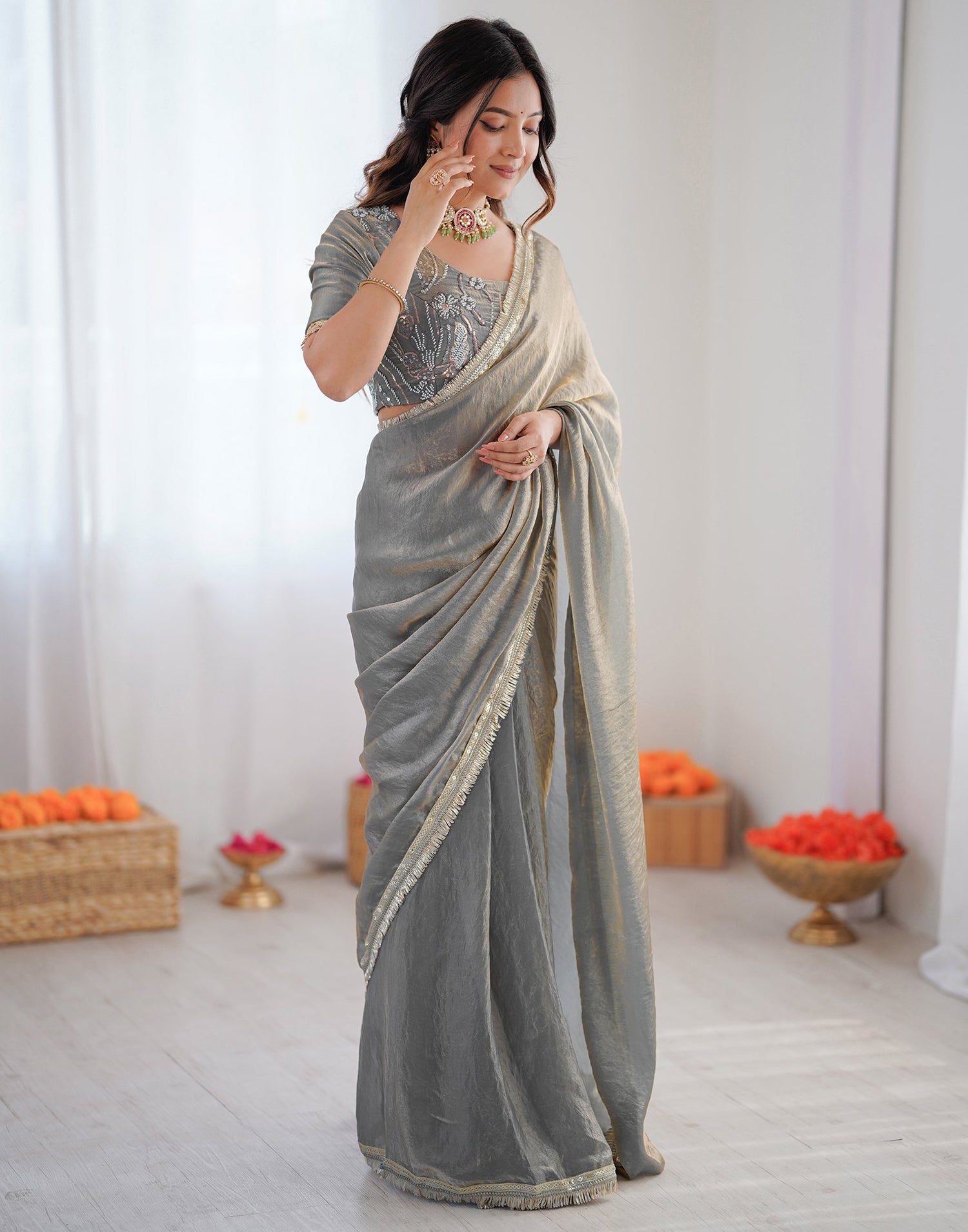 Ready To Wear Grey Shimmer Gota Lace Saree