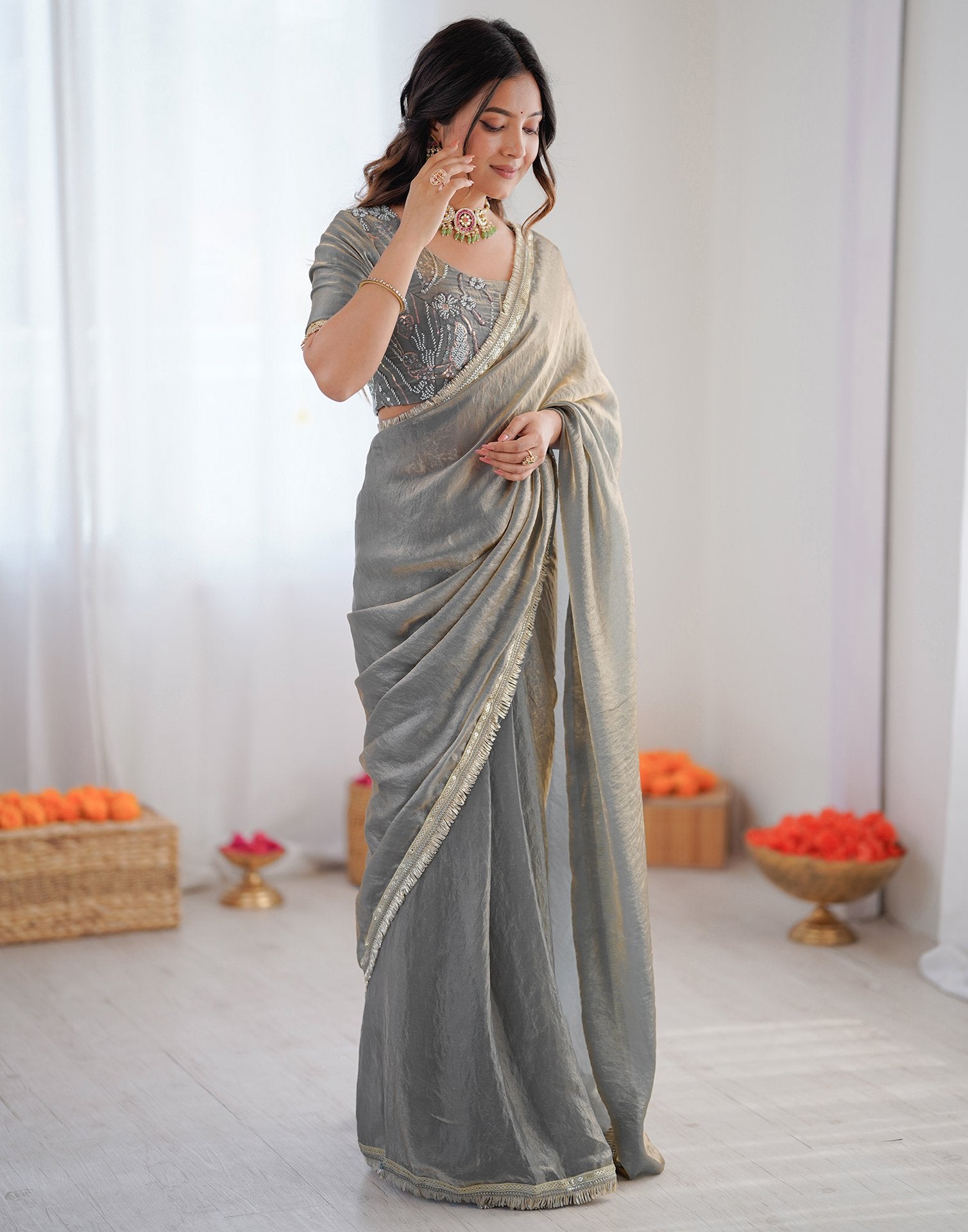 Ready To Wear Grey Shimmer Gota Lace Saree
