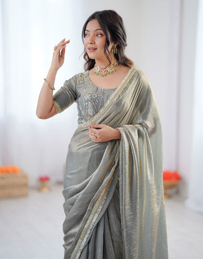 Ready To Wear Grey Shimmer Gota Lace Saree