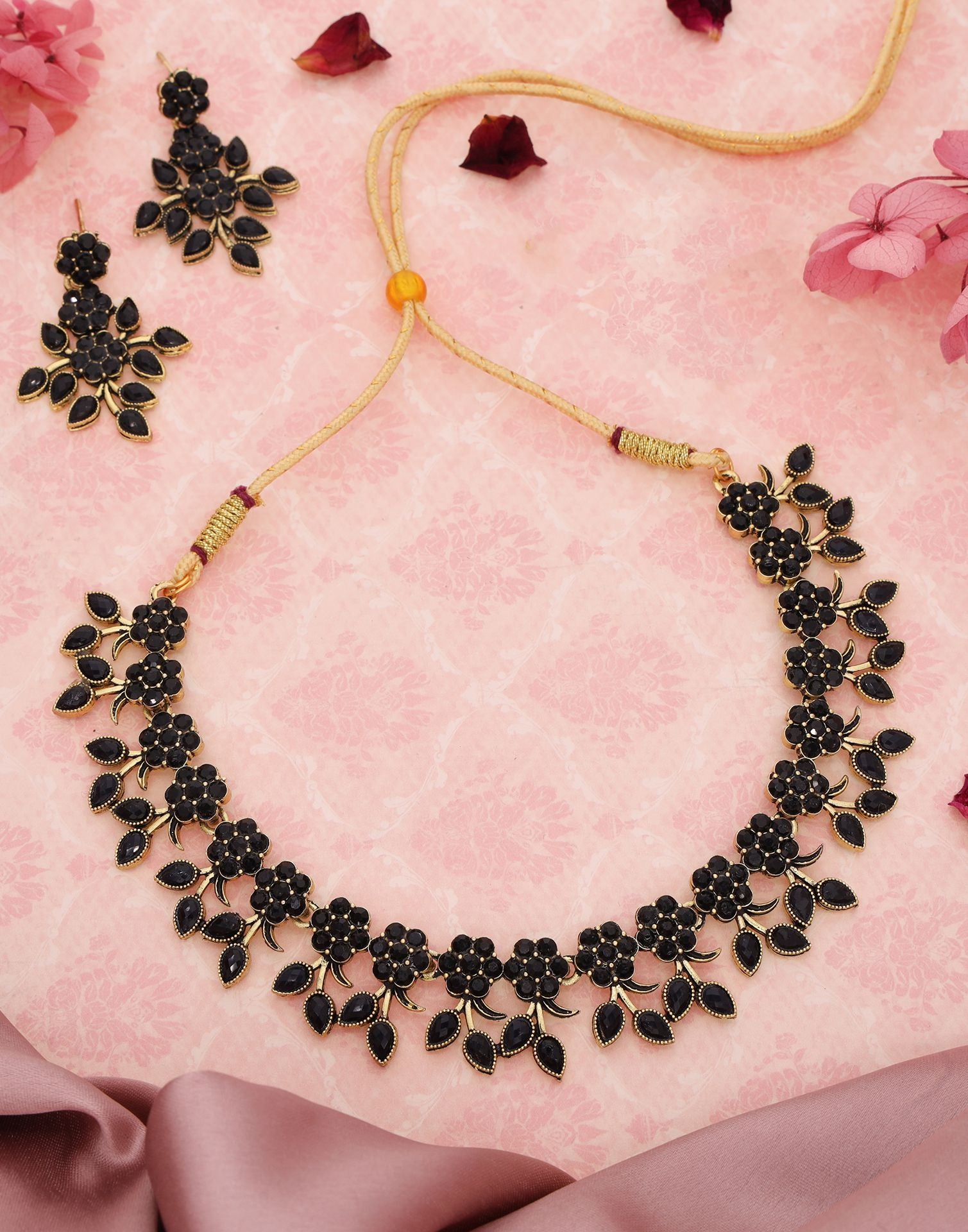 Black Gold Choker Necklace Set With Dangle Earring