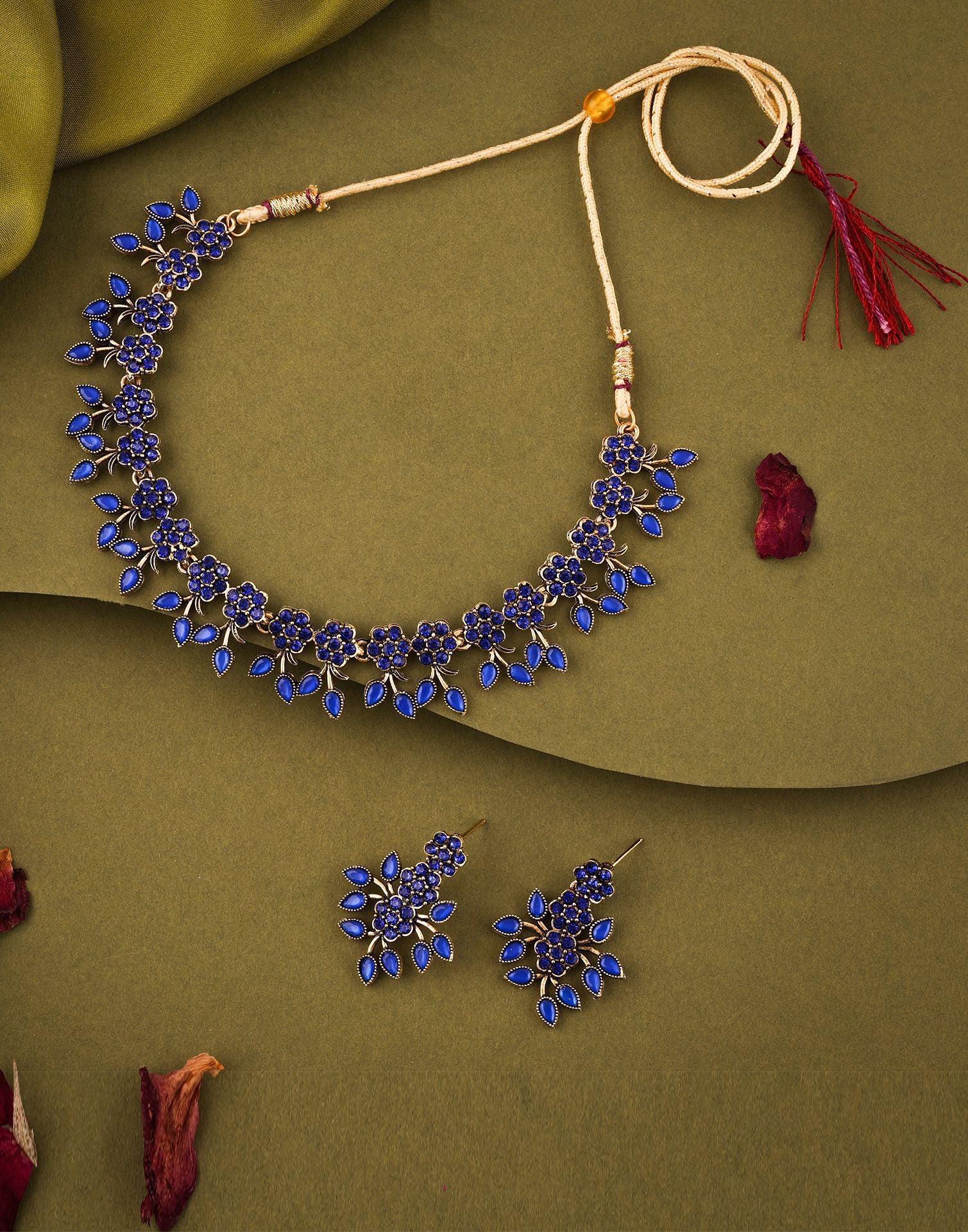 Blue Gold Choker Necklace Set With Dangle Earring