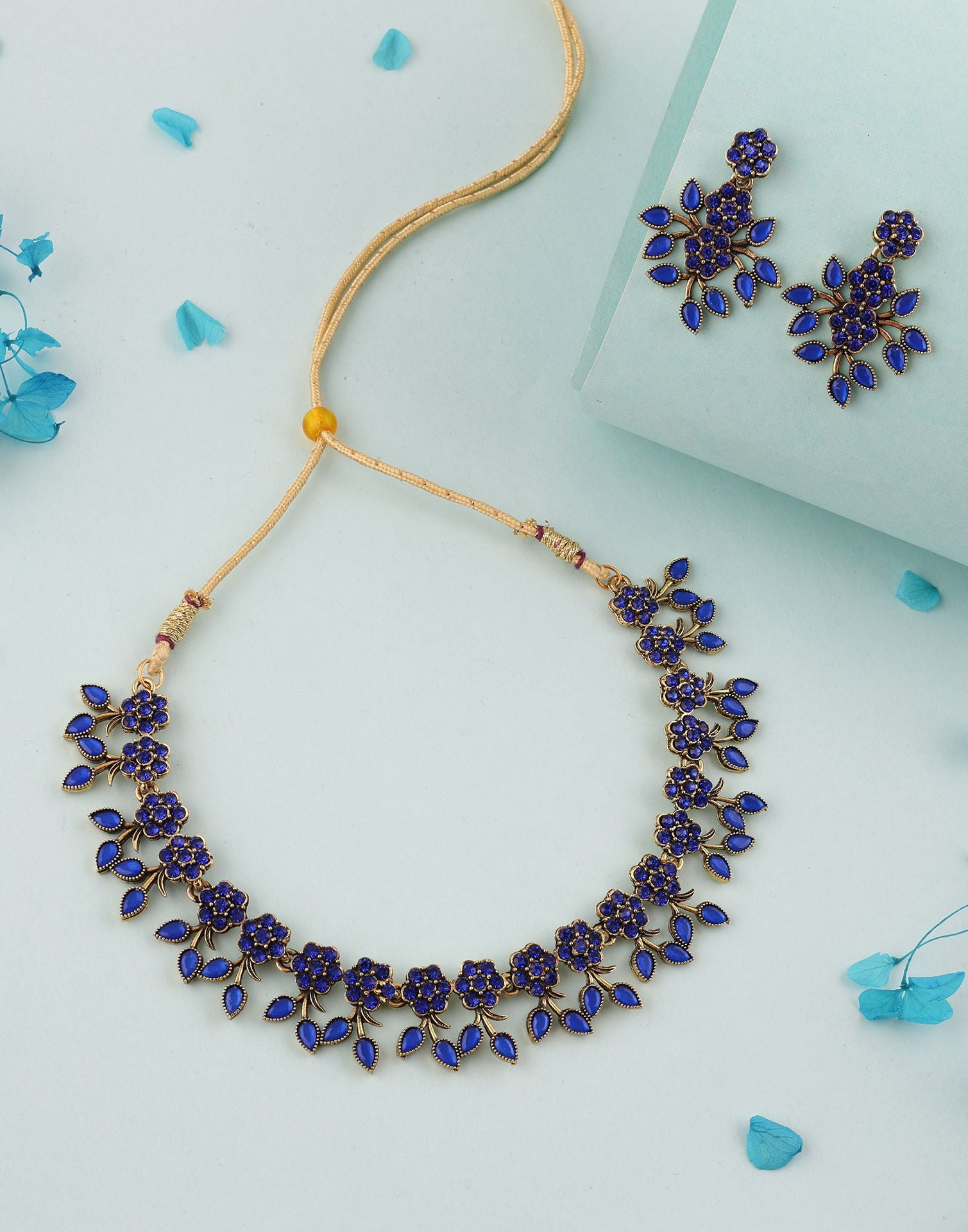 Blue Gold Choker Necklace Set With Dangle Earring