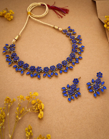 Blue Gold Choker Necklace Set With Dangle Earring