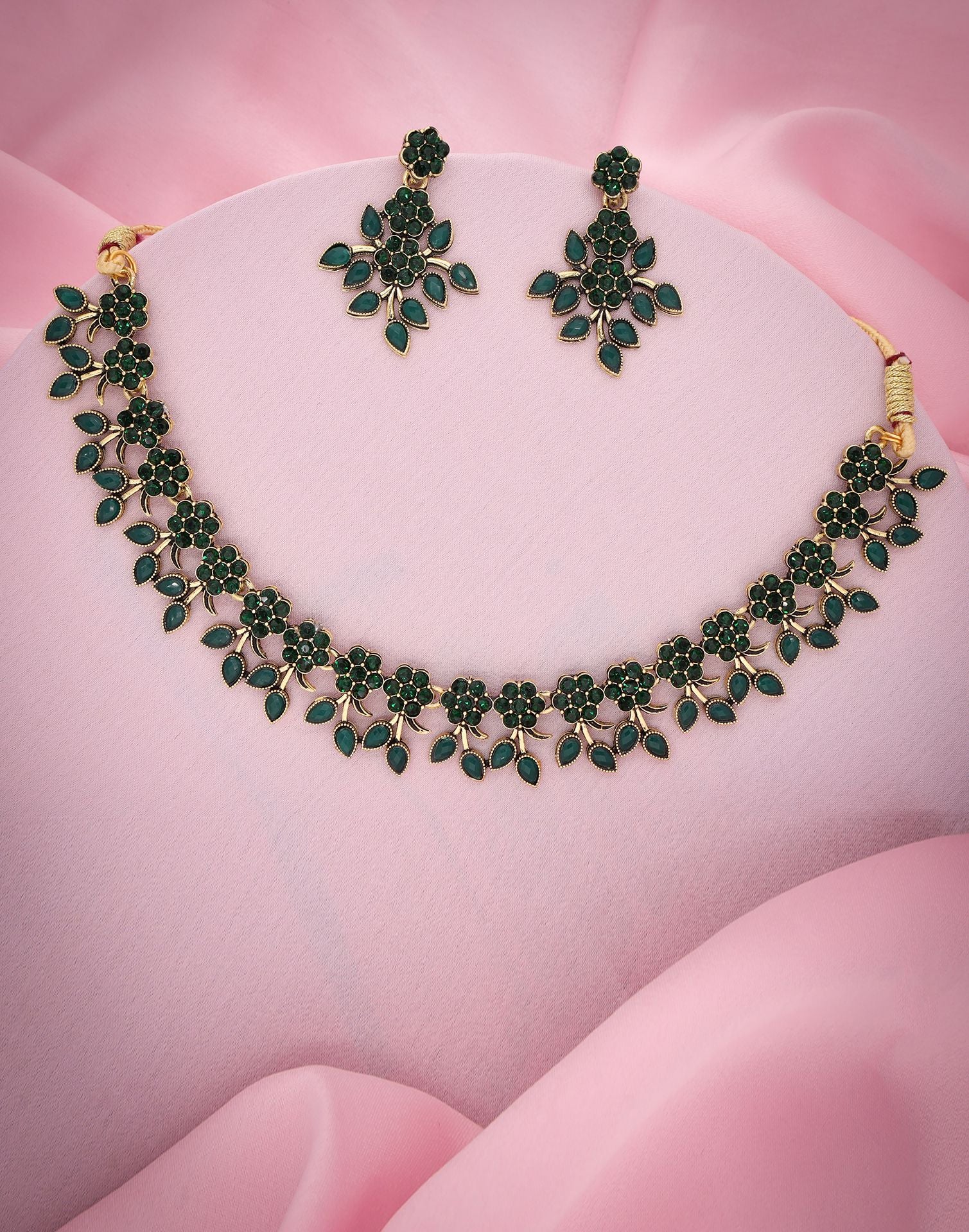 Green Gold Choker Necklace Set With Dangle Earring