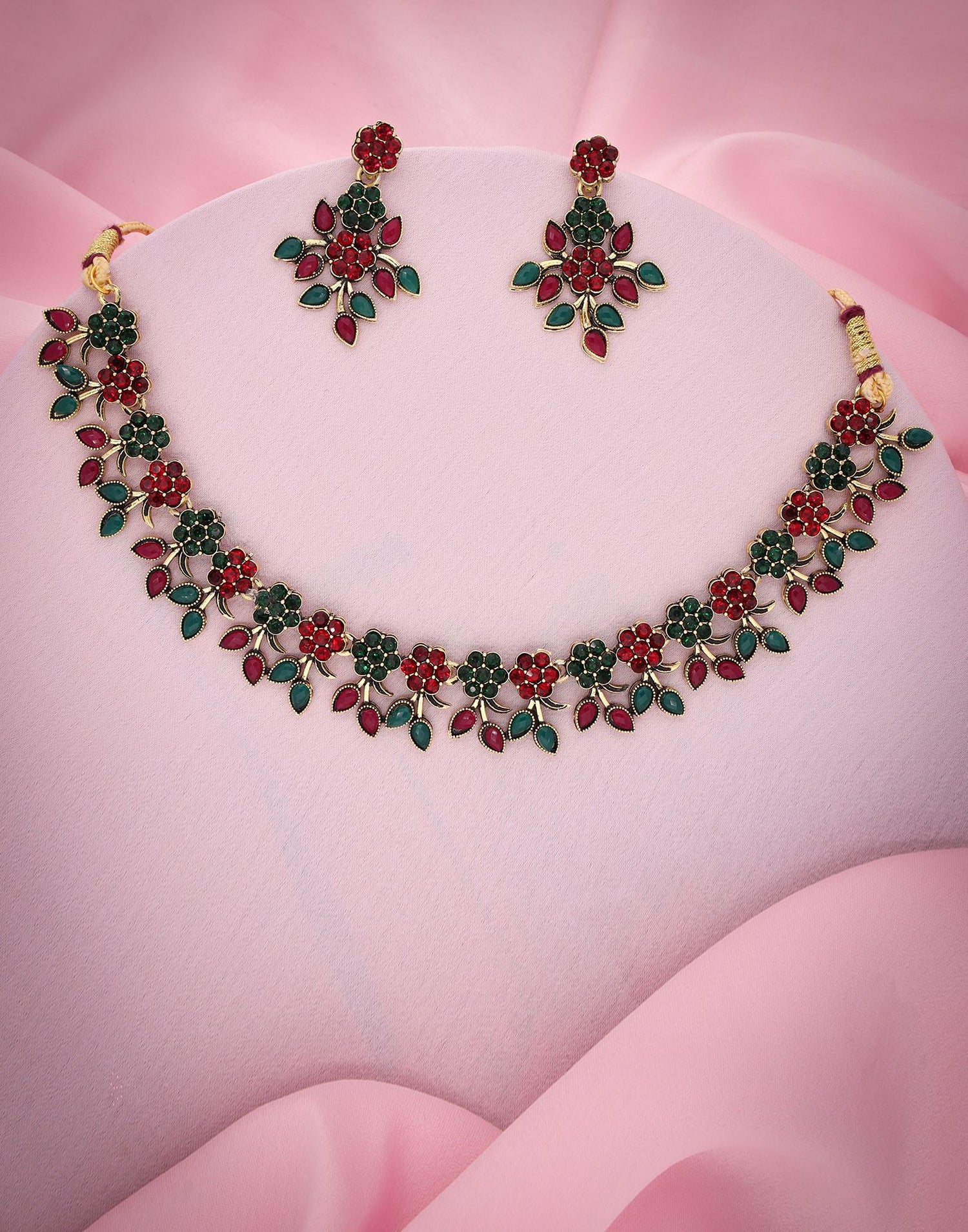 Maroon Gold Choker Necklace Set With Dangle Earring