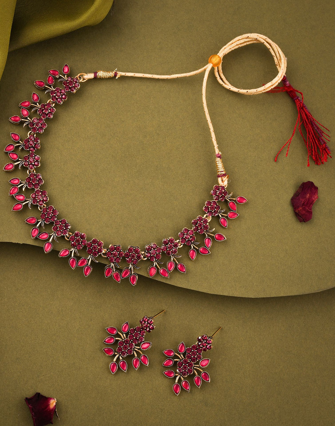 Pink Gold Choker Necklace Set With Dangle Earring