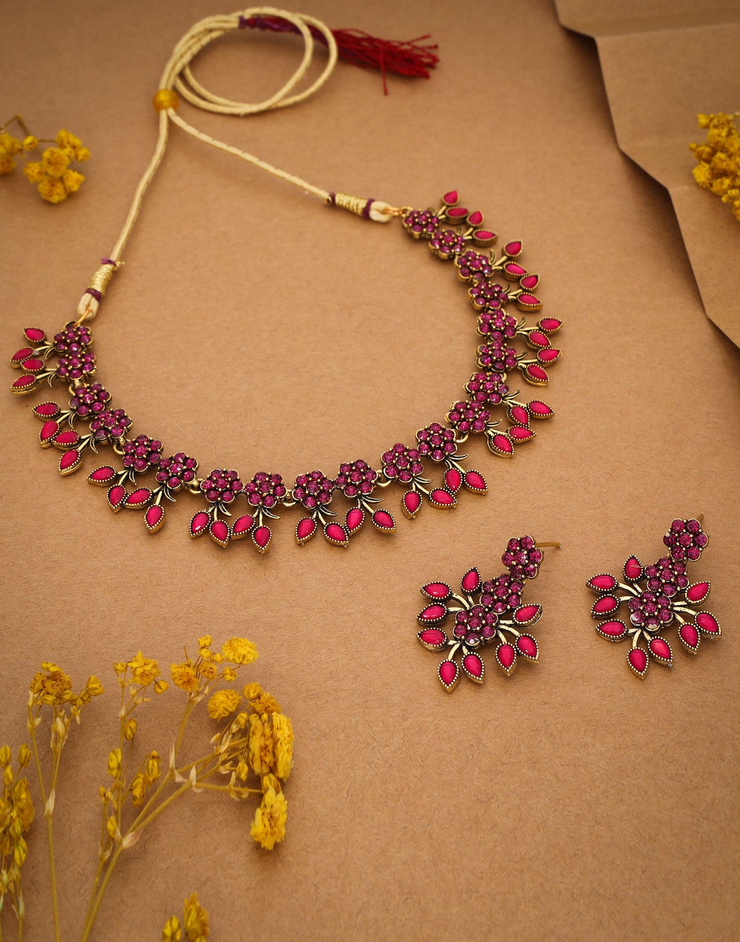 Pink Gold Choker Necklace Set With Dangle Earring