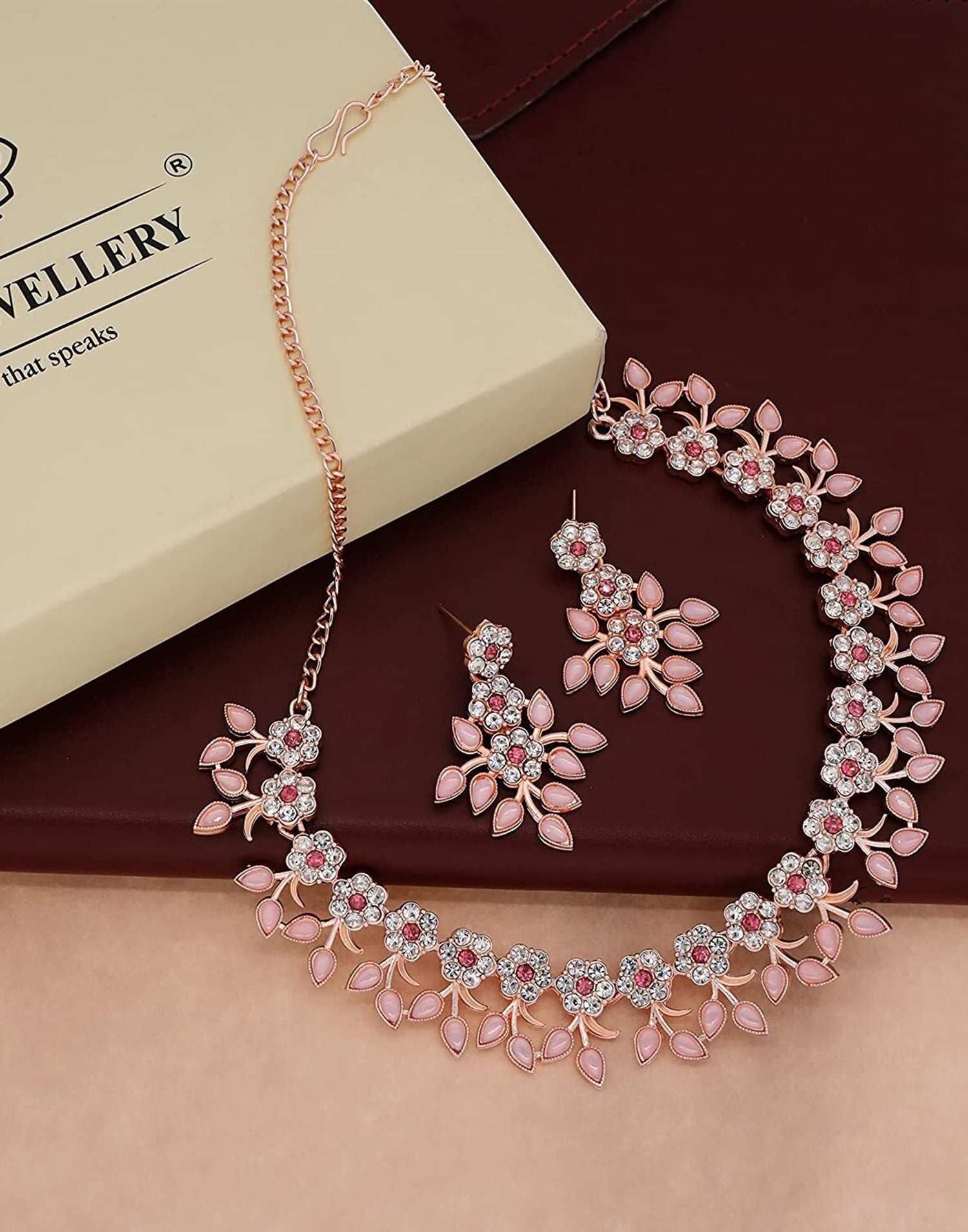 Pink Rose Gold Choker Necklace Set With Dangle Earring