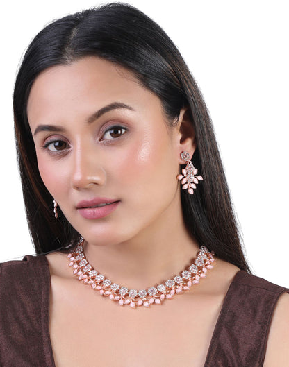 Pink Rose Gold Choker Necklace Set With Dangle Earring