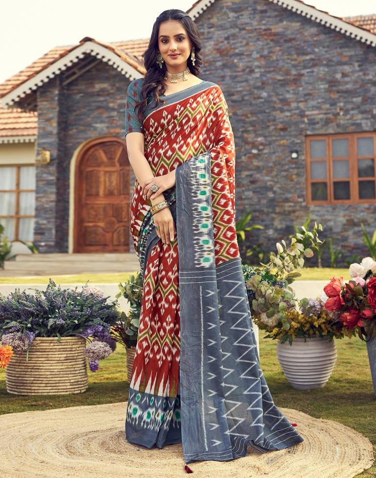 Ready to Wear Rust Cotton Printed Saree