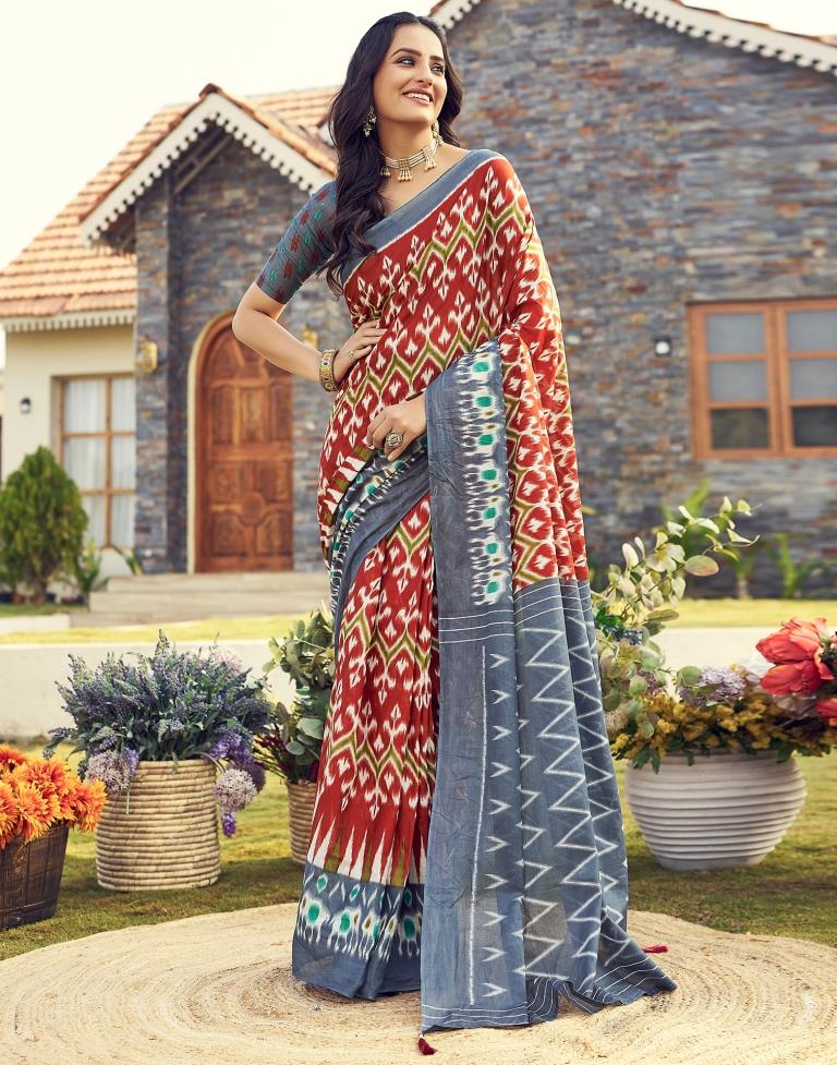 Ready to Wear Rust Cotton Printed Saree