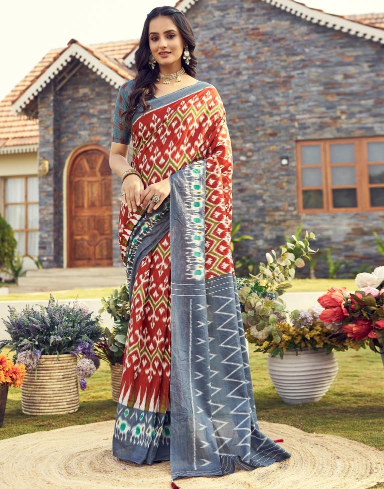 Ready to Wear Rust Cotton Printed Saree