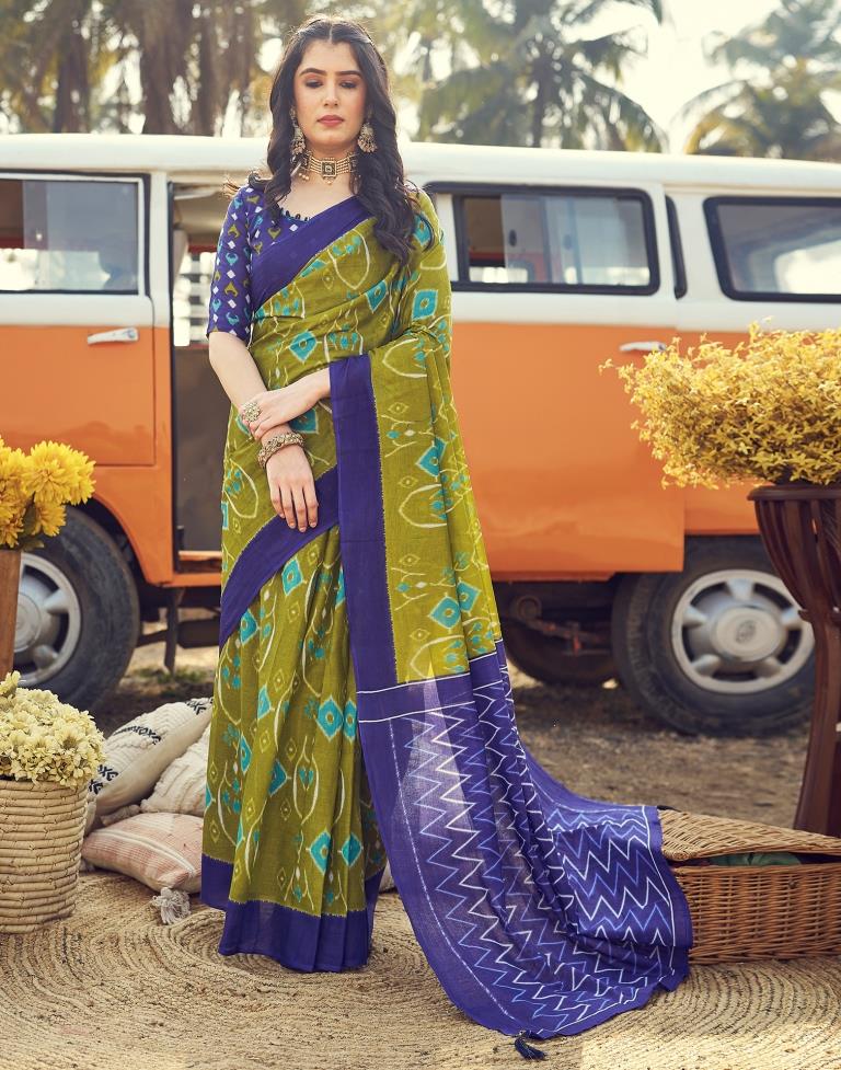 Ready to Wear Parrot Green Cotton Printed Saree