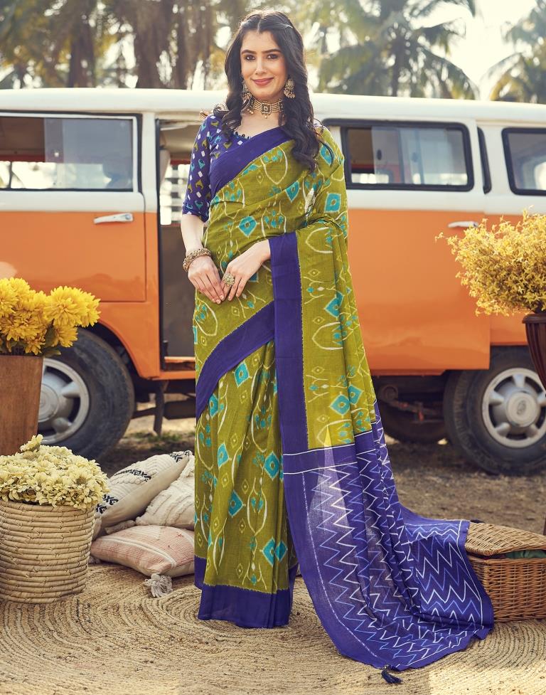 Ready to Wear Parrot Green Cotton Printed Saree