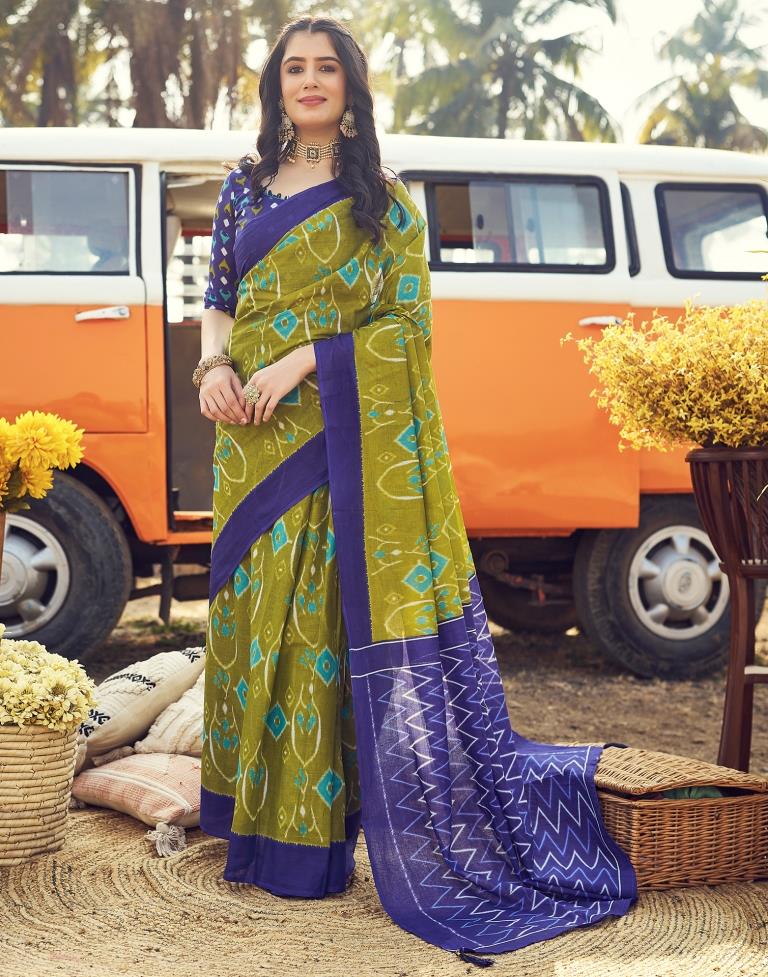 Ready to Wear Parrot Green Cotton Printed Saree