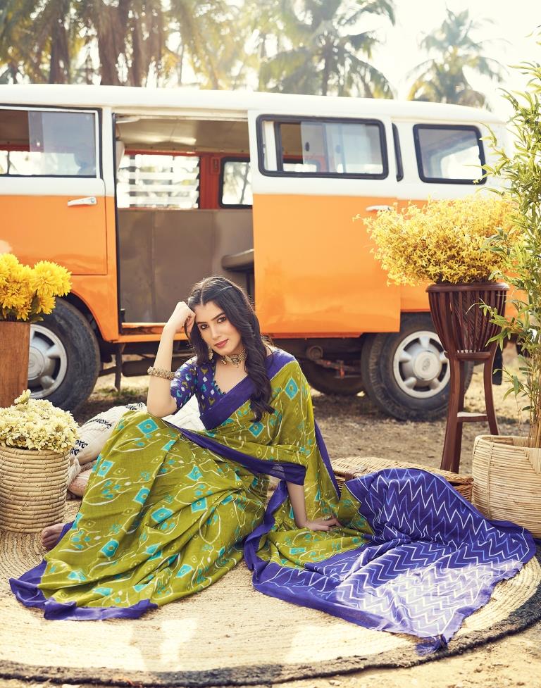 Ready to Wear Parrot Green Cotton Printed Saree