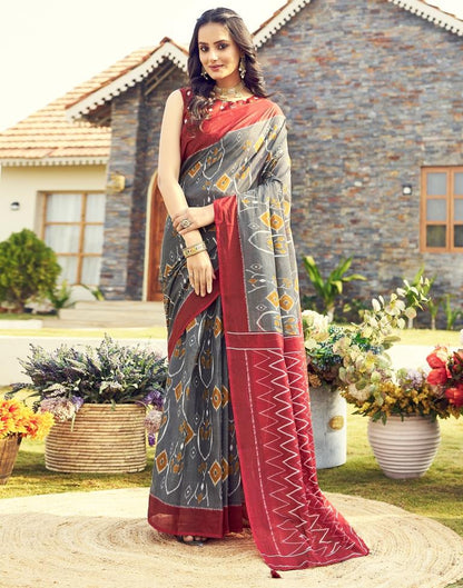 Ready to Wear Grey &amp; Multicoloured Cotton Printed Saree