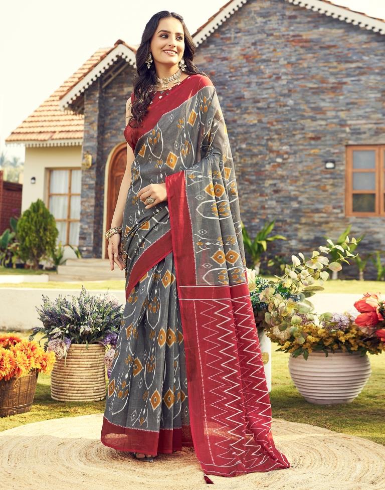 Ready to Wear Grey &amp; Multicoloured Cotton Printed Saree