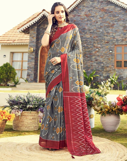 Ready to Wear Grey &amp; Multicoloured Cotton Printed Saree