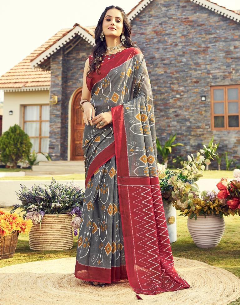 Ready to Wear Grey &amp; Multicoloured Cotton Printed Saree