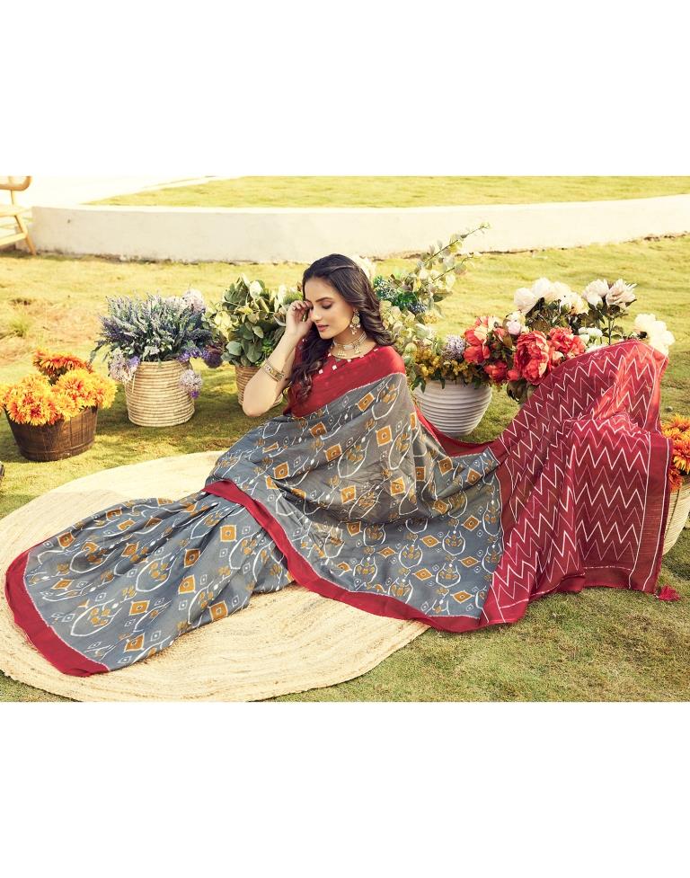 Ready to Wear Grey &amp; Multicoloured Cotton Printed Saree