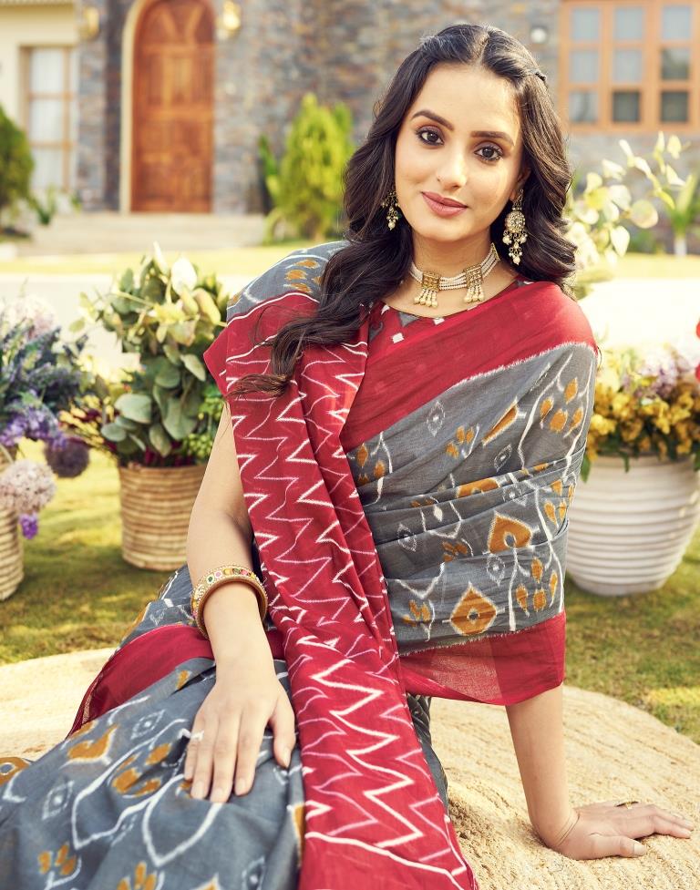 Ready to Wear Grey &amp; Multicoloured Cotton Printed Saree