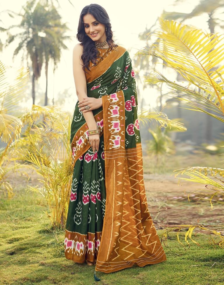 Ready to Wear Dark Green Cotton Printed Saree