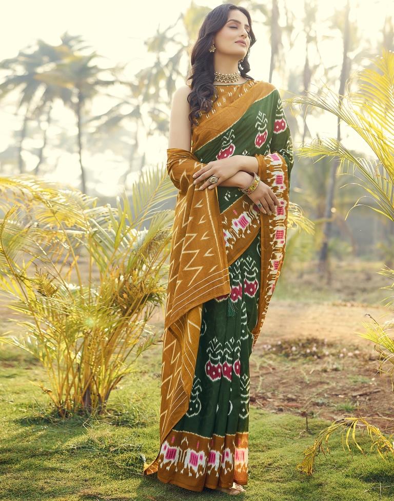 Ready to Wear Dark Green Cotton Printed Saree