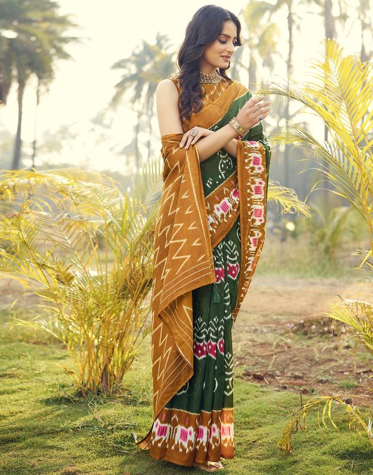 Ready to Wear Dark Green Cotton Printed Saree