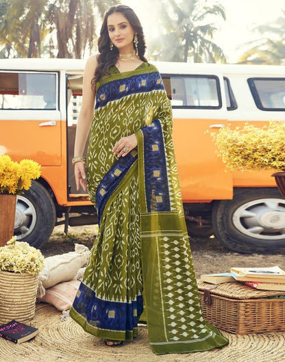 Ready to Wear Olive Green Cotton Printed Saree