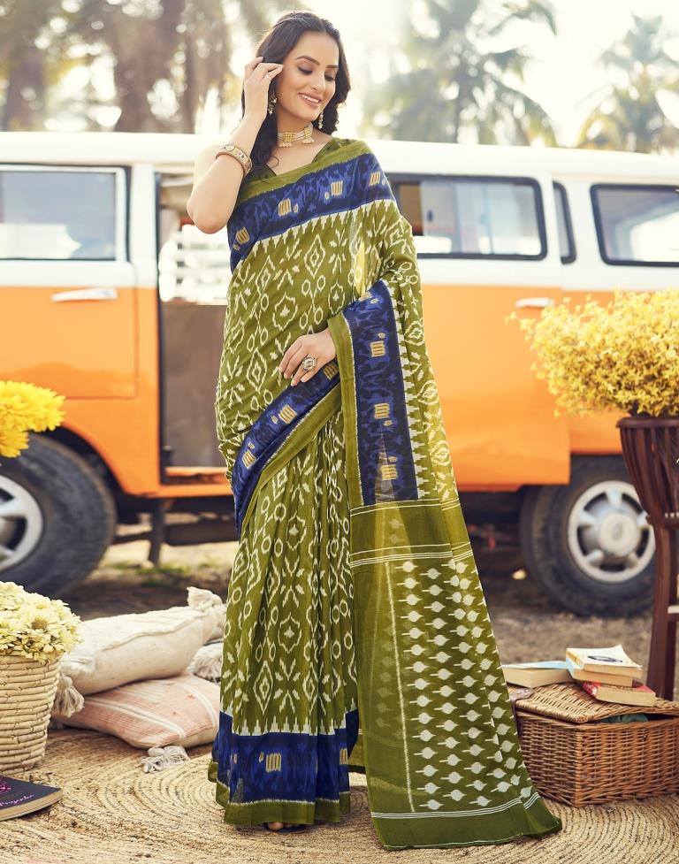 Ready to Wear Olive Green Cotton Printed Saree