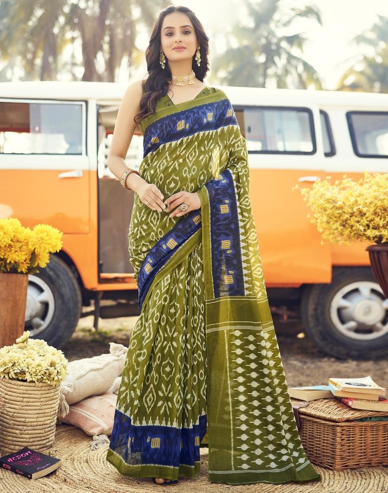 Ready to Wear Olive Green Cotton Printed Saree