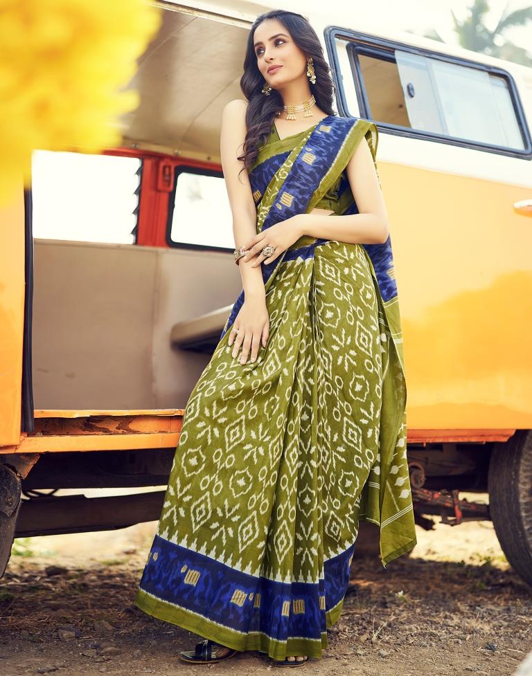 Ready to Wear Olive Green Cotton Printed Saree