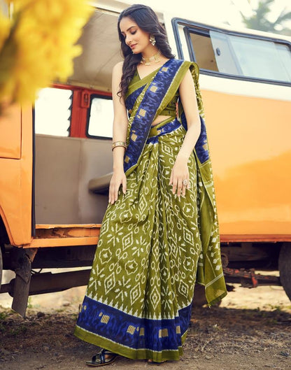 Ready to Wear Olive Green Cotton Printed Saree