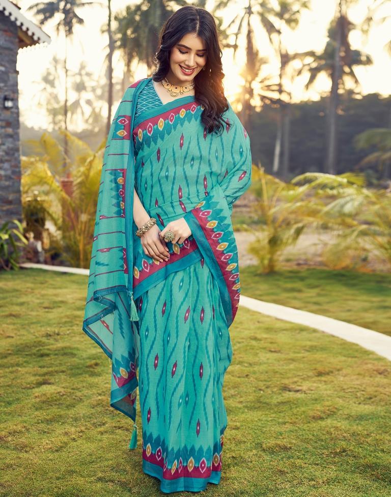 Ready to Wear Blue Cotton Printed Saree