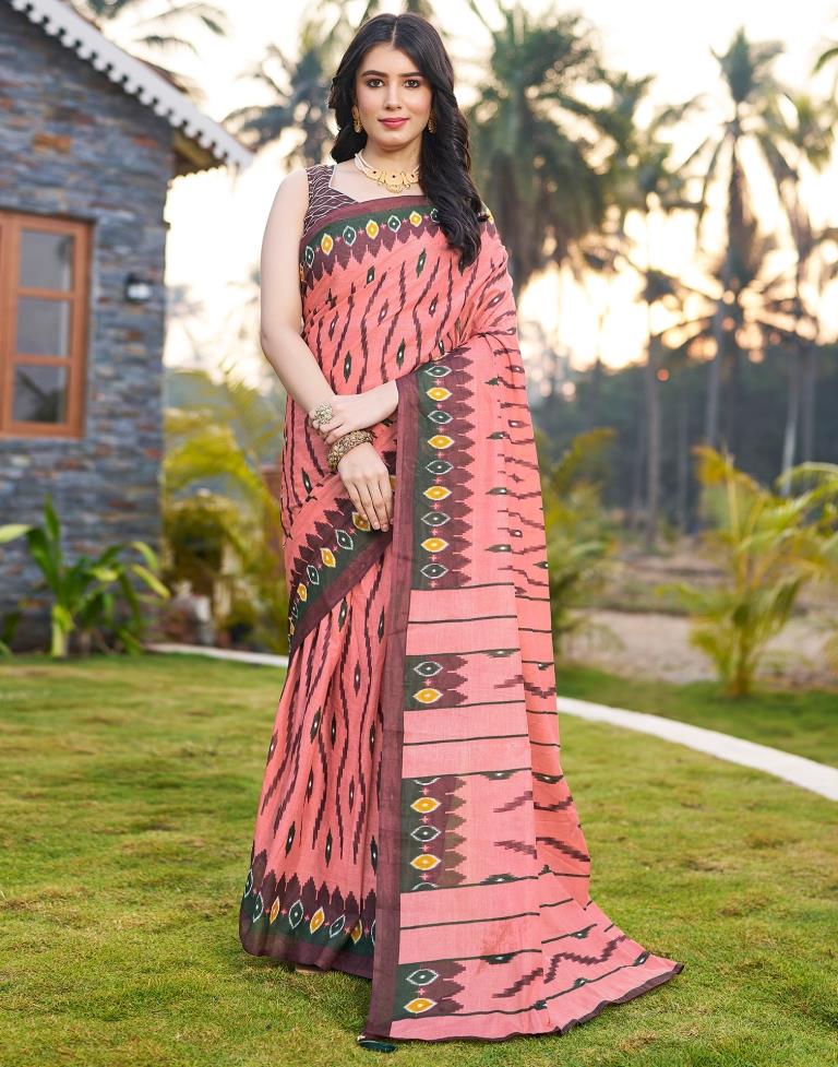 Ready to Wear Dusty Peach Cotton Printed Saree