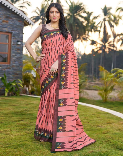 Ready to Wear Dusty Peach Cotton Printed Saree