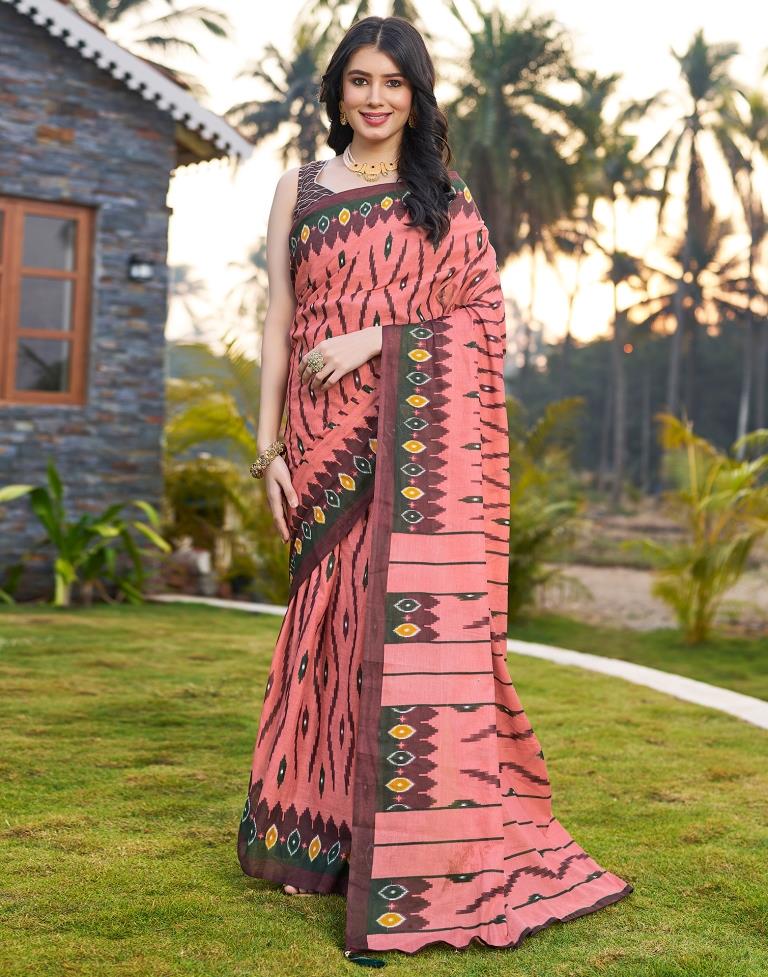 Ready to Wear Dusty Peach Cotton Printed Saree