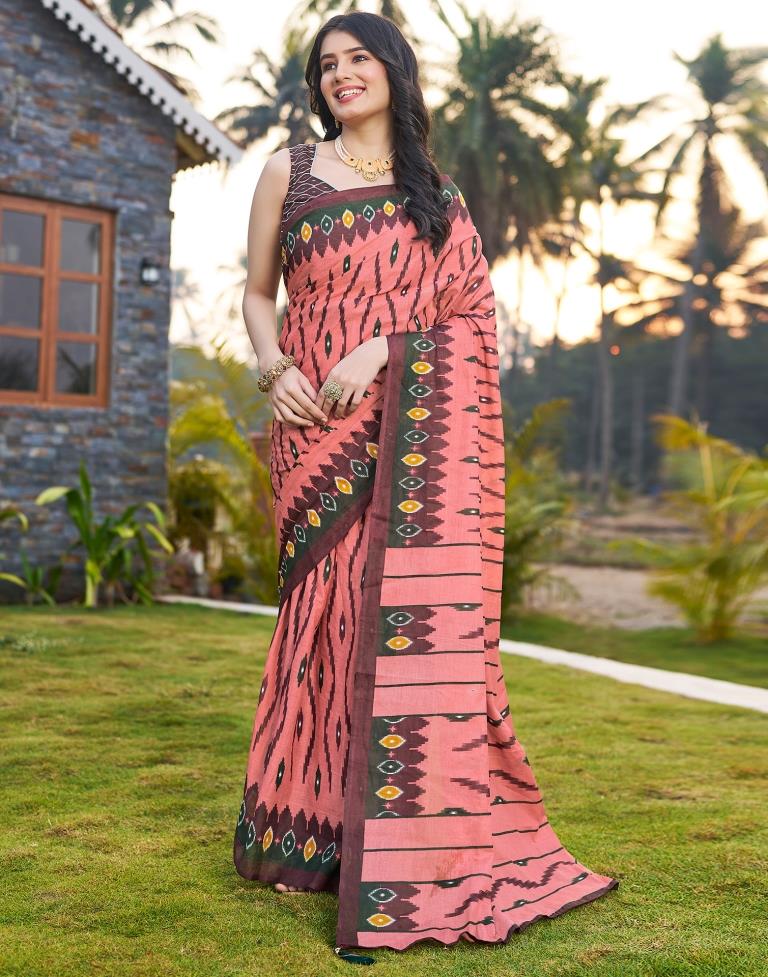 Ready to Wear Dusty Peach Cotton Printed Saree