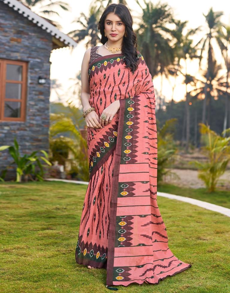 Ready to Wear Dusty Peach Cotton Printed Saree