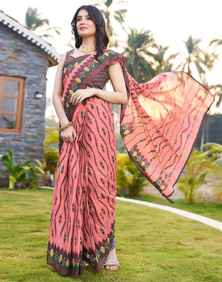 Ready to Wear Dusty Peach Cotton Printed Saree