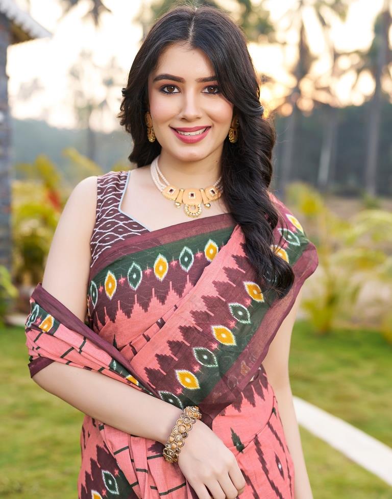 Ready to Wear Dusty Peach Cotton Printed Saree