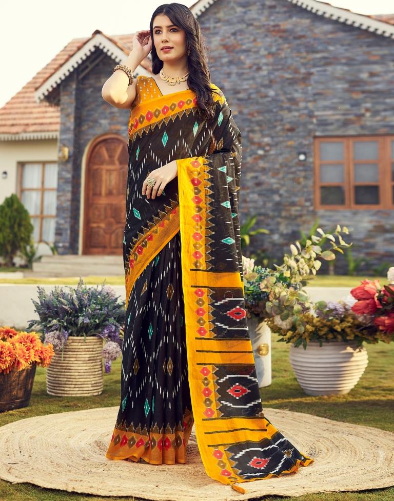 Ready to Wear Black &amp; Yellow Cotton Printed Saree