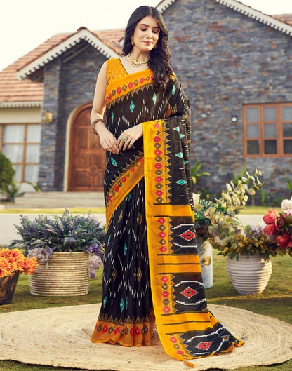 Ready to Wear Black &amp; Yellow Cotton Printed Saree