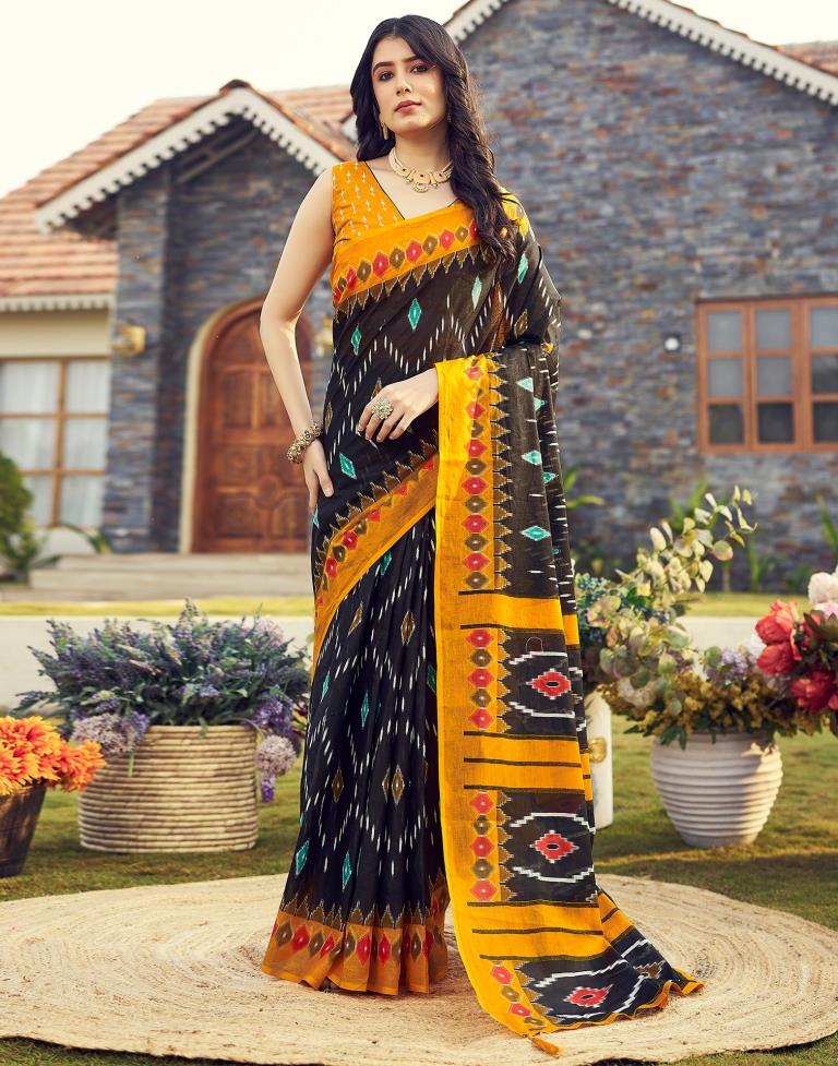 Ready to Wear Black &amp; Yellow Cotton Printed Saree