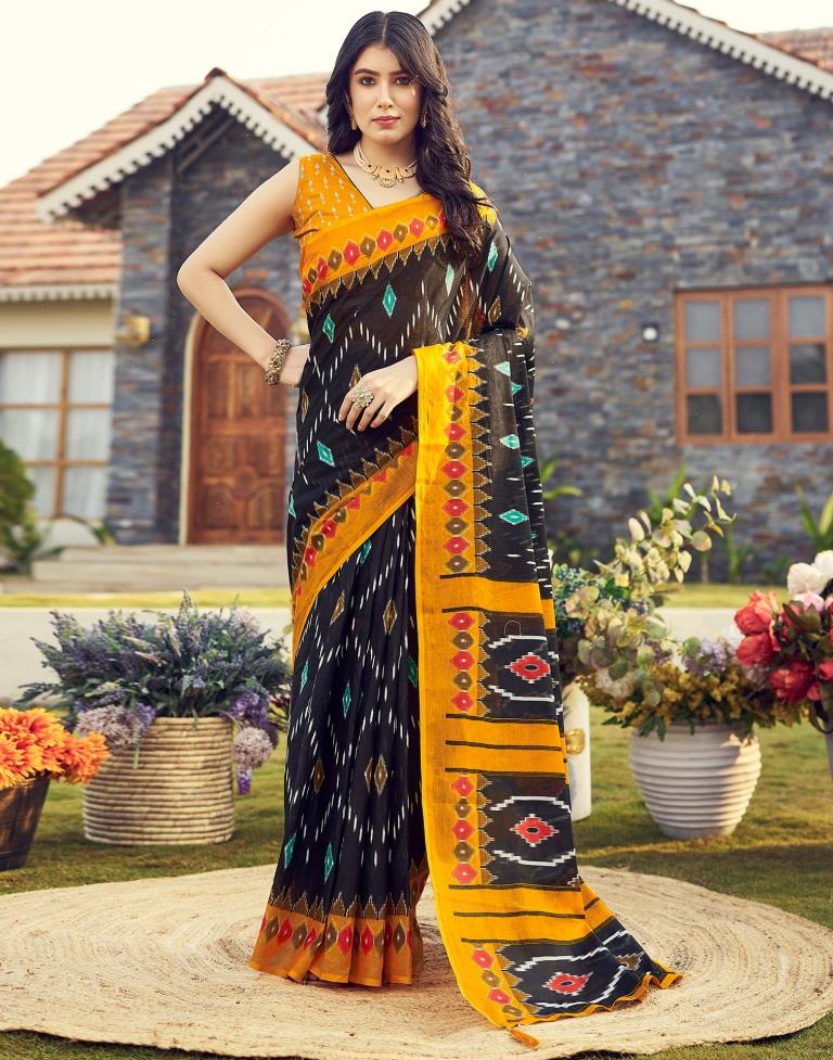 Ready to Wear Black &amp; Yellow Cotton Printed Saree