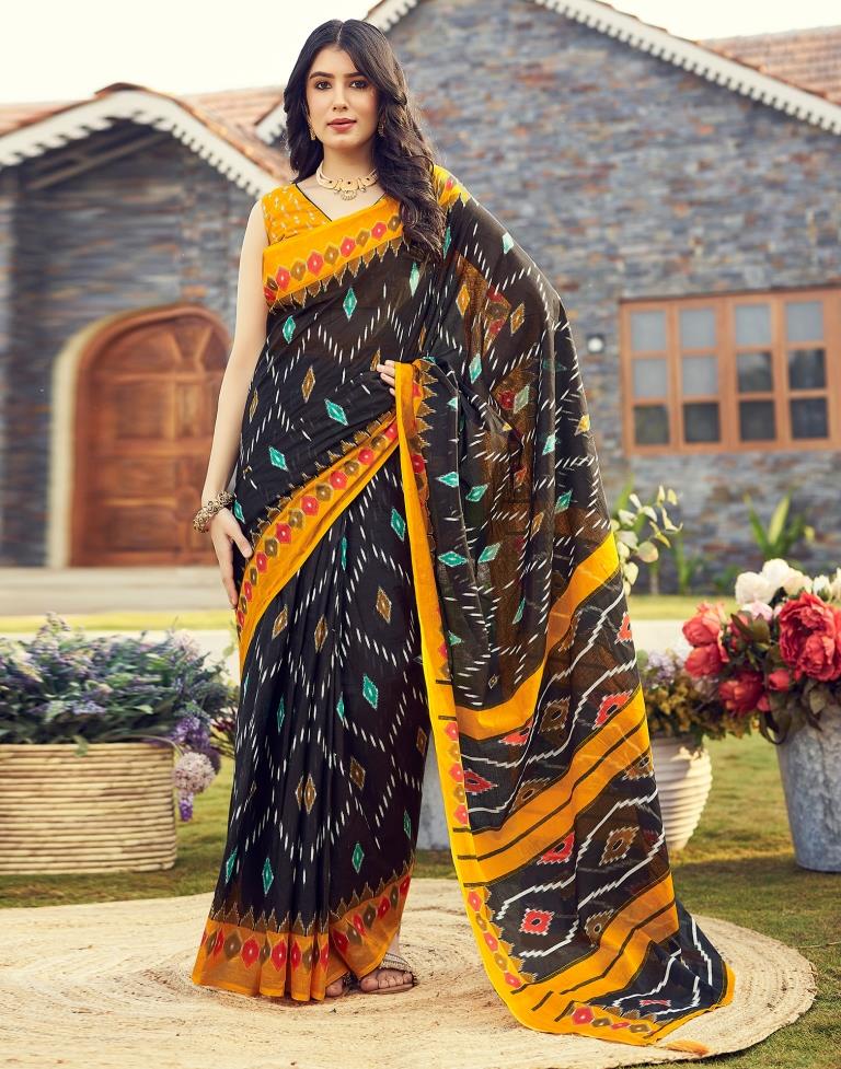 Ready to Wear Black &amp; Yellow Cotton Printed Saree