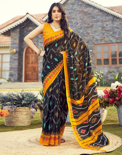 Ready to Wear Black &amp; Yellow Cotton Printed Saree